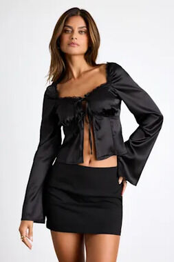 Lulus Bess Black Satin Tie-front Long Sleeve Top - Size M